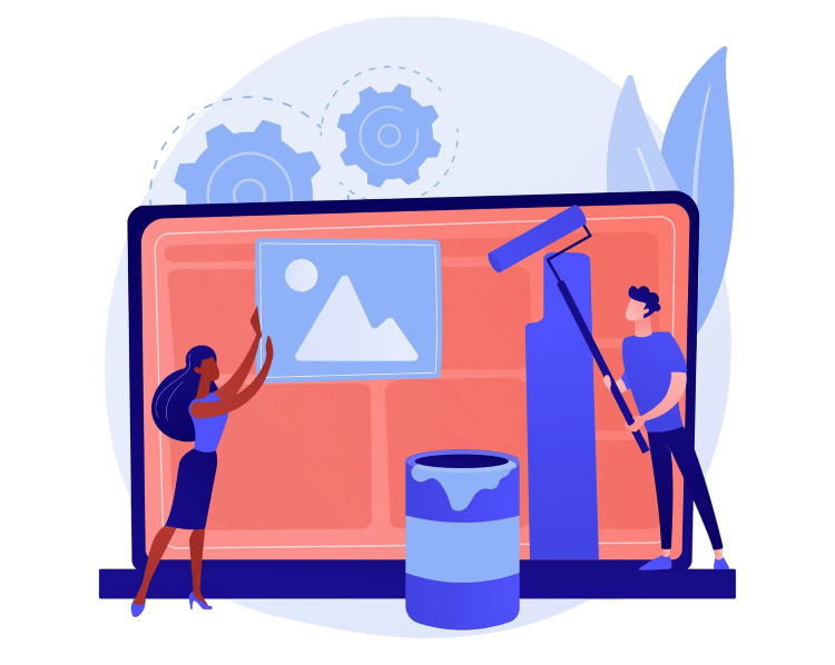 Ilustrace zobrazující postavy pracující na tvorbě webové stránky